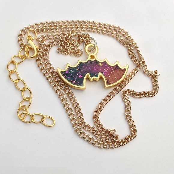 Hand Crafted Jewelry - Bat Necklace Handmade Gold Resin Sparkly Glitter Cute Spooky Artisan Glam